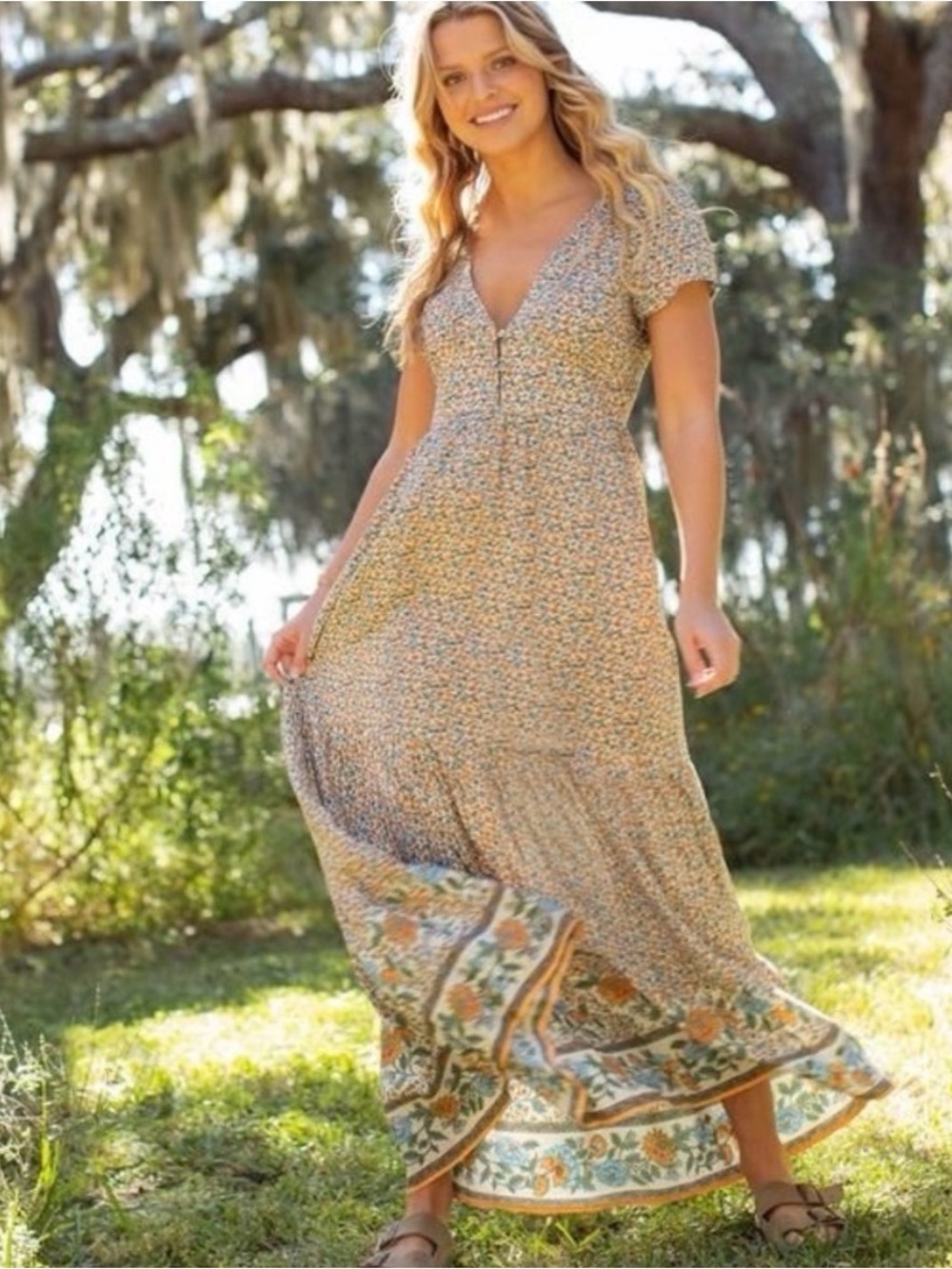 NATURAL LIFE Evangaline Cream Maxi Dress with Blue and Peach Floral Print - Picture 8 of 8